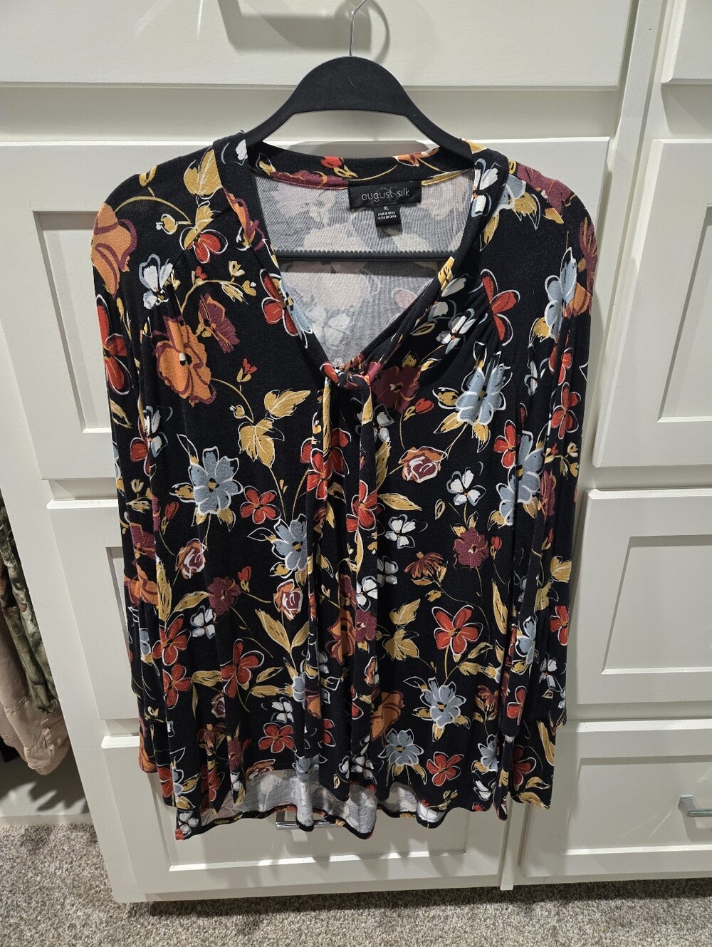 August Silk Black Floral Tie-Neck Long Sleeve Top
